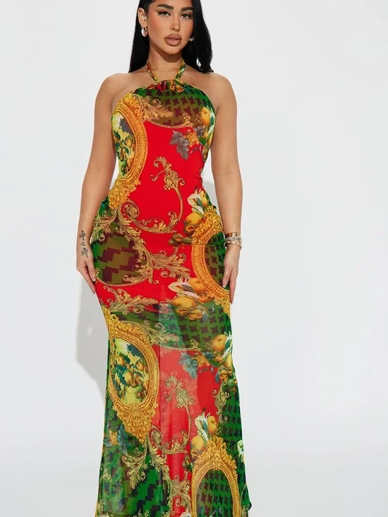 Fiona Mesh Halter Neck Red & Green Baroque Print Maxi Dress - Picture 1 of 5